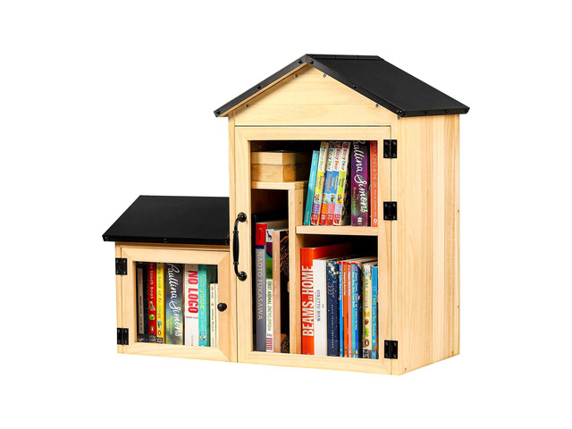 Outdoor Library Book Box, Solid Wood Free Library with Large & Small Compartments, Waterproof Coating & Metal Joint Trim, Adjustable Storage, Easy...
