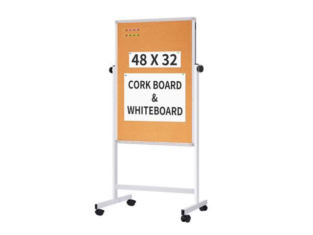 Mobile Whiteboard and Cork Board Combo, 48 x 32 Double-Sided Magnetic Dry Erase Board on Wheels, Height Adjustable Rolling Easel Board for.