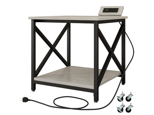 Large Printer Stand with Power Outlet, with Storage Shelf, 2 Tier Rolling Printer Cart with Industrial Wheels, 23.6 x 23.6 Inches Printer Table for...
