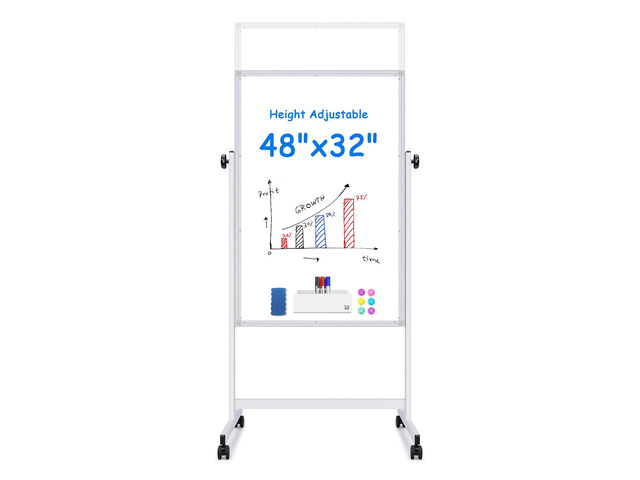 Rolling White Board, 48 x 32 Height Adjustable Whiteboard on Wheels, Large Magnetic Standing Mobile Easel Board, Double-Sided with Stand for...