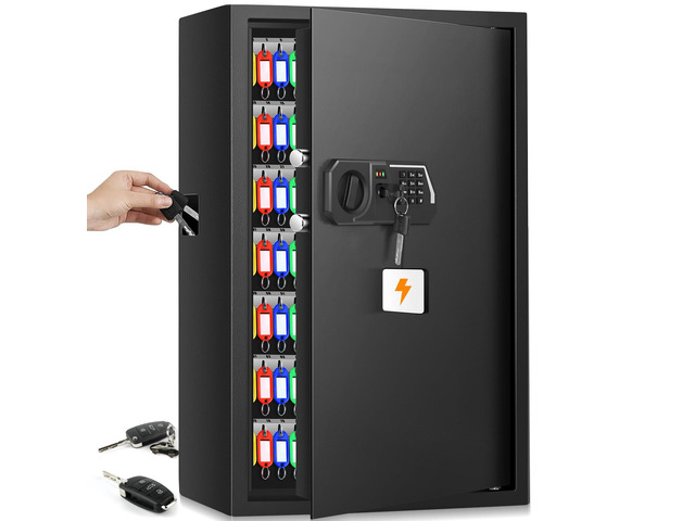 144 Keys Fireproof Key Lock Box Wall Mount with Code & Hook Plates Combo Lock with Alarm & Silent Modes, Color Tags, Key Drop Slot, Alloy Steel,...