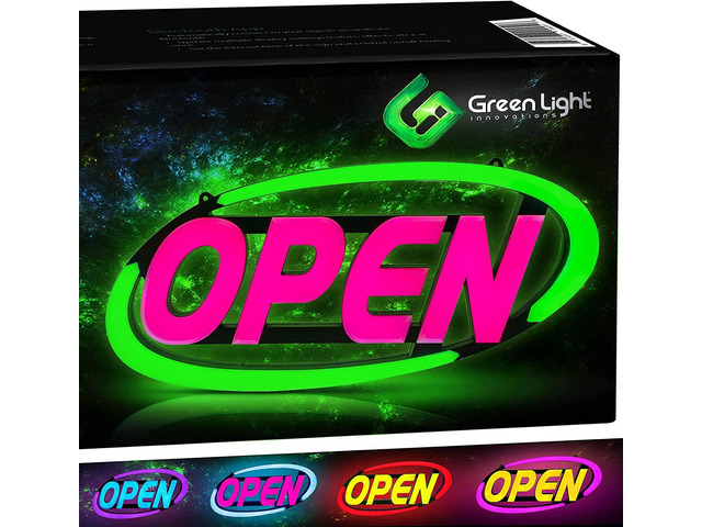 Super-Bright LED Open Sign for Business 15x32 in - 64 Color Combos via Bluetooth App or Remote - Programmable On/Off Timer, Scroll/Flash/Phase...
