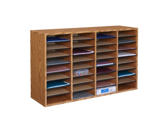 Literature Organizer, 36 Compartments, Office and Classroom Mailbox with Adjustable Shelves, Wood Paper and Mail Sorter, Medium Oak