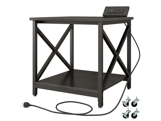 Large Printer Stand with Power Outlet, with Storage Shelf, 2 Tier Rolling Printer Cart with Industrial Wheels, 23.6 x 23.6 Inches Printer Table for...