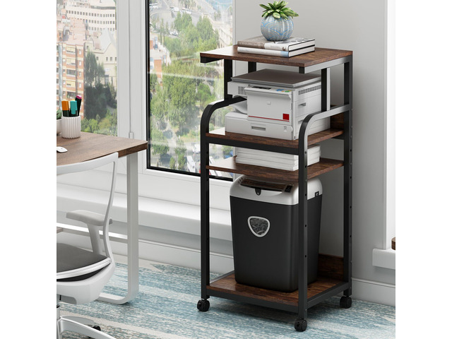 4-Tier Printer Stand with Adjustable Storage Shelf, Large Tall Printer Table with Wheels for Home Office Small Spaces Organization, Rustic Brown