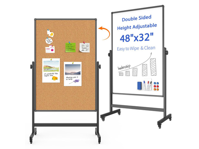 Double-Sided Whiteboard and Corkboard on Wheels, 48 x 32 Inch Magnetic Dry Erase Board with Adjustable Height Stand, Rolling Mobile Board for...