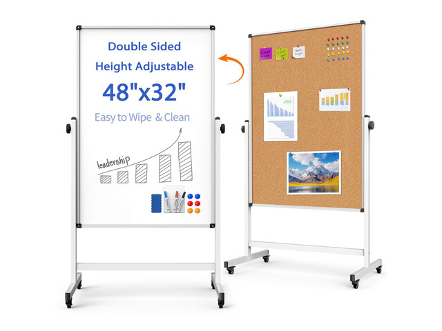 Double-Sided Whiteboard and Corkboard on Wheels, 48 x 32 Inch Magnetic Dry Erase Board with Adjustable Height Stand, Rolling Mobile Board for...