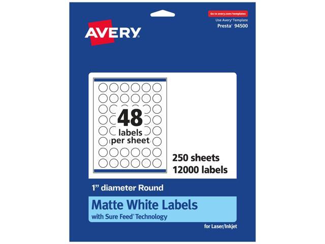 Matte White Round Labels, Sure Feed Technology, 1' Diameter, 12,000 Matte White Printable Labels
