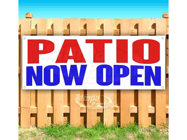 Patio Now Open Banner 13 oz Non-Fabric Heavy-Duty Vinyl Single-Sided With Metal Grommets