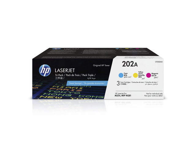 202A Cyan, Magenta, Yellow Toner Cartridges Printers (3-Pack) Works with Color LaserJet Pro M254, Color LaserJet Pro MFP M281 Series CF500AM
