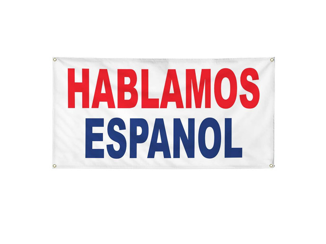 Vinyl Banner Multiple Sizes Hablamos Espanol Red Blue Foreign Languages Outdoor Weatherproof Industrial Yard Signs 10 Grommets 60x144Inches