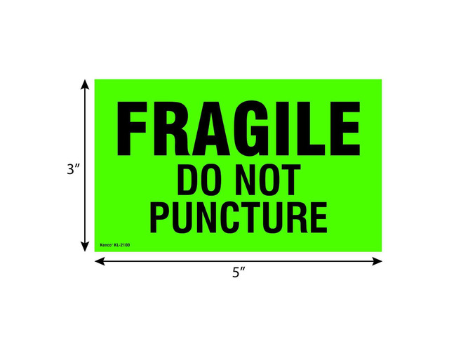 3' X 5' Fragile Do not Puncture Fluorescent Shipping Label Stickers - 500 Permanent Adhesive Labels Per Roll (10 Pack)
