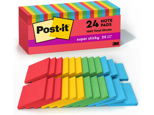 Super Sticky Notes, 24 Sticky Note Pads, 3 x 3 in., School Supplies and Office Products, Ideal for Textbooks, Notebooks, Walls and Vertical...