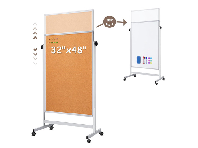 Double Sided Cork Board & White Board on Wheels 48' x 32' Aluminum Frame Magnetic Rolling White Board, Height Adjustable Freestanding Natural...