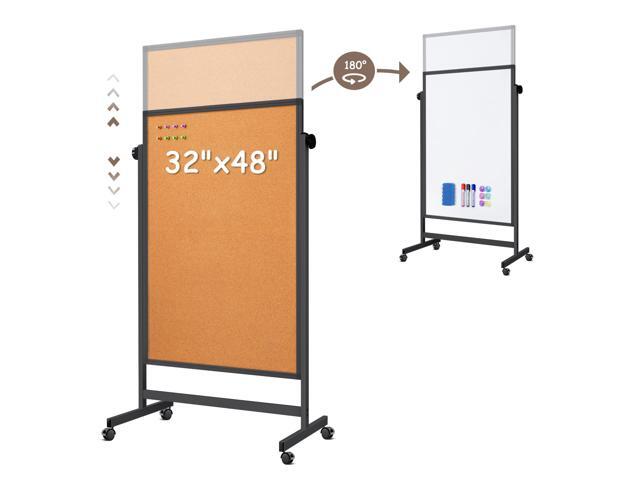 Double Sided Cork Board & White Board on Wheels 48' x 32' Aluminum Frame Magnetic Rolling White Board, Height Adjustable Freestanding Natural...