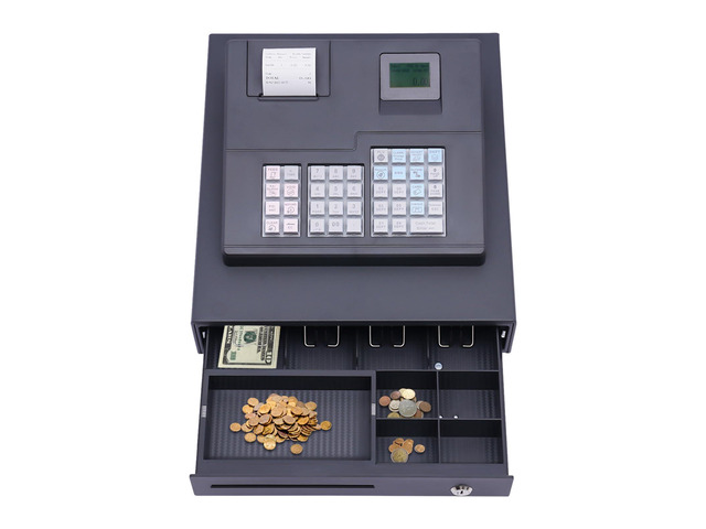 Electronic Register,48 Keys Cash Register Drawer,Coin Drawer with LCM & LED Screen,4 Bill 5 Coin Tray,Quick Load Thermal Printer,Key,Black (Cash)