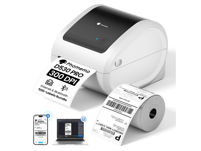 4x6 Shipping Label Printer 300DPI with 500 Labels D530Pro Ethernet Label PrinterBluetooth and USB Connection, Built-in Paper Bin, for Small...