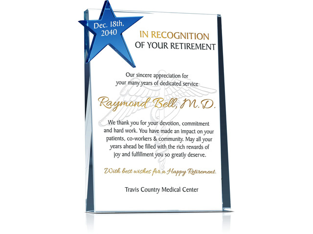 Personalized Crystal Star Retirement Gift Plaque for Doctor or Nurse, Customized with Retiree's name and Retirement Date, unique Retirement gift...