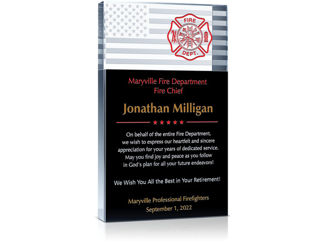 Personalized Crystal Retirement Gift Plaque for Fire Chief, Customized with Firefighter's name and title, Unique Fire Department, Firefighter...