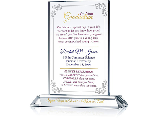 Personalized Crystal College Graduation Gift for Her Custom Engraved Plaque with Name, School & Date for Daughter, Granddaughter or Niece (L - 9')