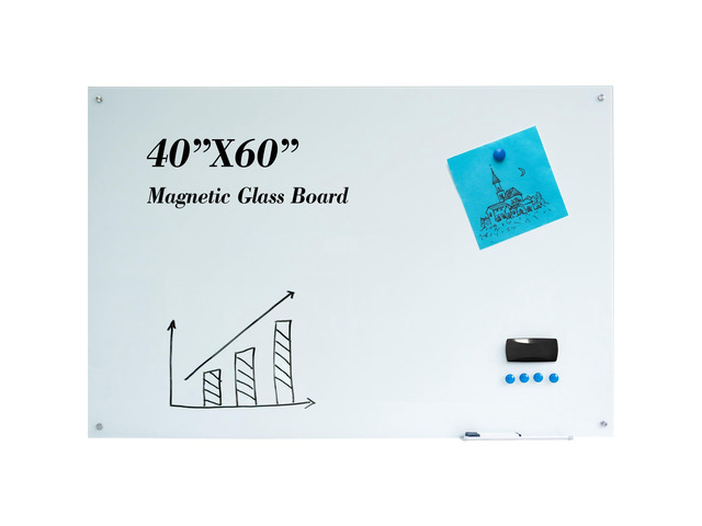 Magnetic Glass Dry Erase White Board, 60' W x 40' H Whiteboard with Accessories, Large Frameless Wall Mounted for Office, Home, School
