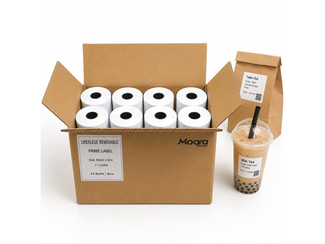 Moqra BPA Free Sticky Thermal Receipt Paper Rolls (80mm) 3 1/8' x 170' 24 Rolls- Removable Label Compatible with TM-L90ii Other linerless Label...