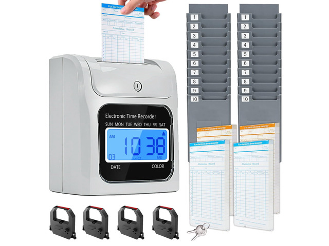 Time Clock Bundle with 200 Time Cards, 4 Ink Ribbons, 2 Ten-Slot Time Card Racks, & 2 Security Keys, Auto-Align Employee Time Clocks for Small...