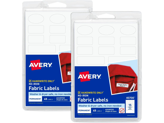 No-Iron Fabric Labels, White Washer and Dryer-Safe Non-Printable Assorted Shapes 90 Labels, Pack of 18