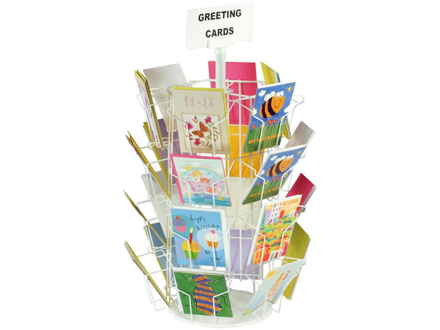 Greeting Card Rack with Twenty-Four 5 x 7 Pockets for Countertop Use, 29 Inch Tall Four - Tier Hexagon Wire Display Stand - White Wire with Plastic...