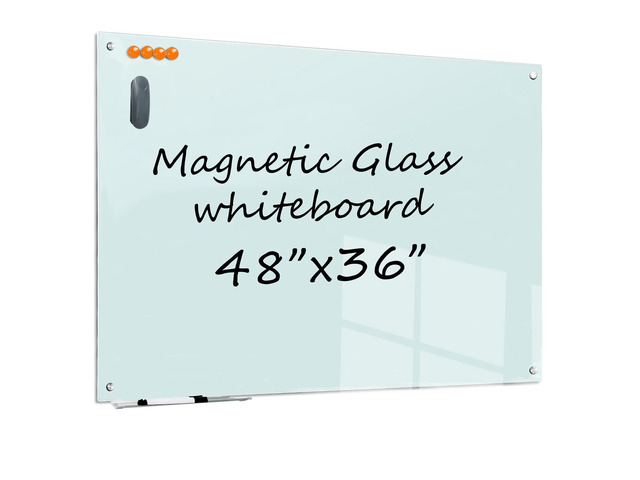 Glass Dry Erase White Board - 48 x 36 Inches Magnetic Glass Whiteboard for Wall Mounted, 4' x 3' Frameless Boards for Classroom Home, Office Supplies
