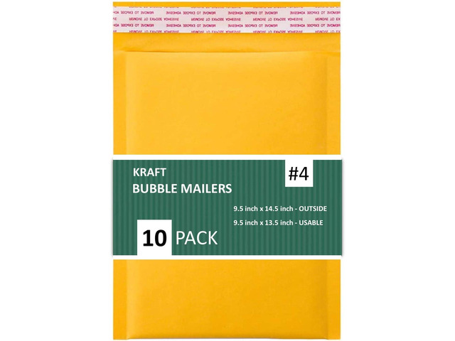 Kraft Bubble Mailers, Self-Seal, Waterproof & Cushioned Padded Envelopes for Shipping, 9.5 x 14.5 in (Gold) 10 Count (Pack of 10)