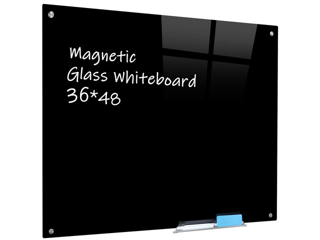 Magnetic Black Glass Board with Eraser Frameless Tempered Glass Dry Erase Blackboard with Marker Tray for Interactive Office, Wall Mounted Frosted...