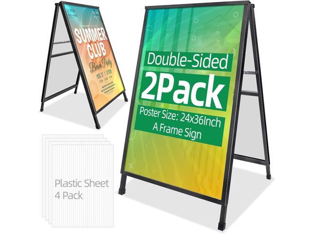2 Pack Heavy Duty A-Frame Sidewalk Sign 24 x 36 Inch, Portable Double-Sided Sandwich Board Slide-in Folding Metal Signboard with 4 Plastic Poster.