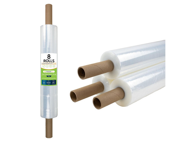 PSBM Stretch Wrap with Extended Core Handles, 8 Pack, 20 Inch x 1000 Feet, 80 Gauge, Clear, Large Plastic Film for Pallets Moving Storing