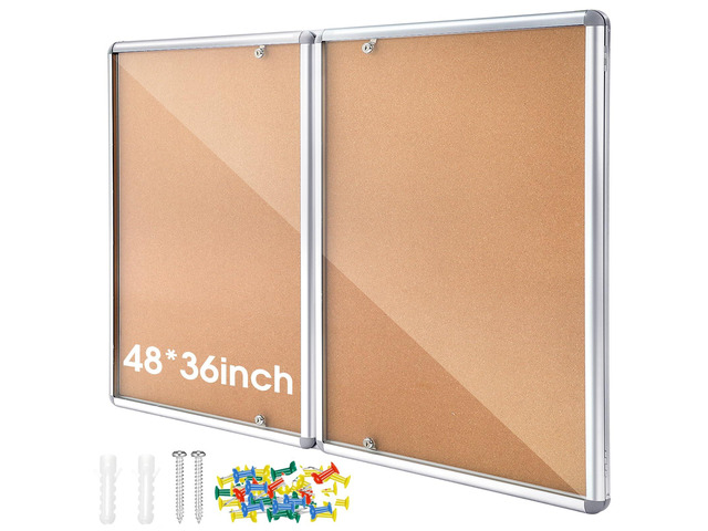 48'x36' Lockable Enclosed Bulletin Board with Glass Door, Weather Resistant Cork Notice Board, Wall Mounted Display Case for School Office...