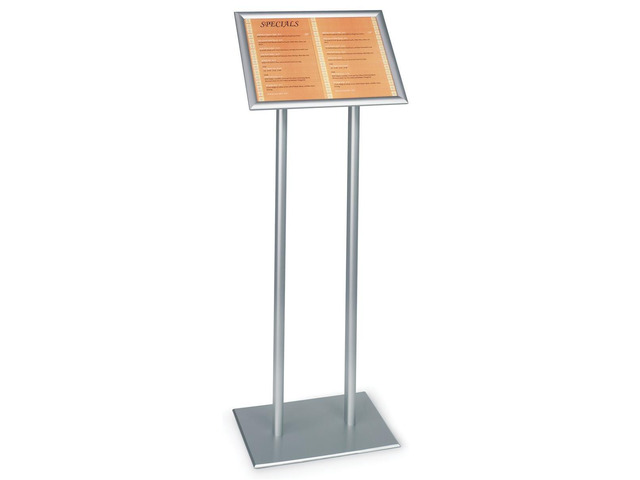 Silver Finish Sign Frame And Double Pedestal Style Base, 17 x 48 x 10-3/4-Inch, Free Standing, Snap-Open Frame With Non-Glare Lens