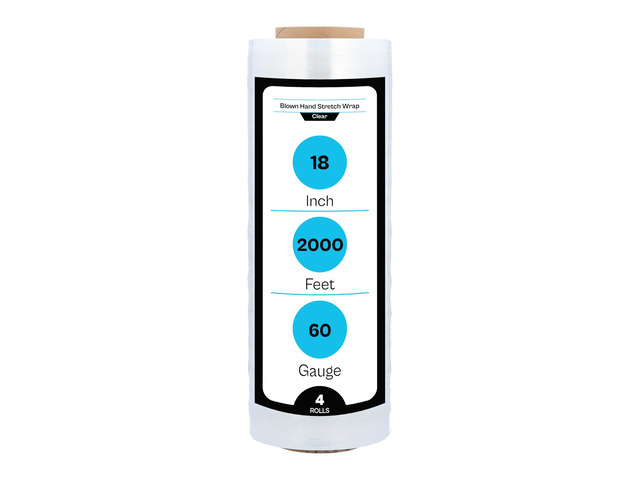 Stretch Wrap, 4 Rolls, 18 Inch x 2000 Feet, 60 Gauge, Clear Plastic Cling, Blown Hand Stretch Film Rolls for Packaging Moving Pallets