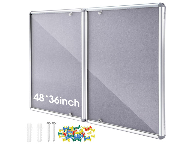 48'x36' Lockable Enclosed Bulletin Board with Glass Door, Weather Resistant Cork Notice Board, Wall Mounted Display Case for School Office...