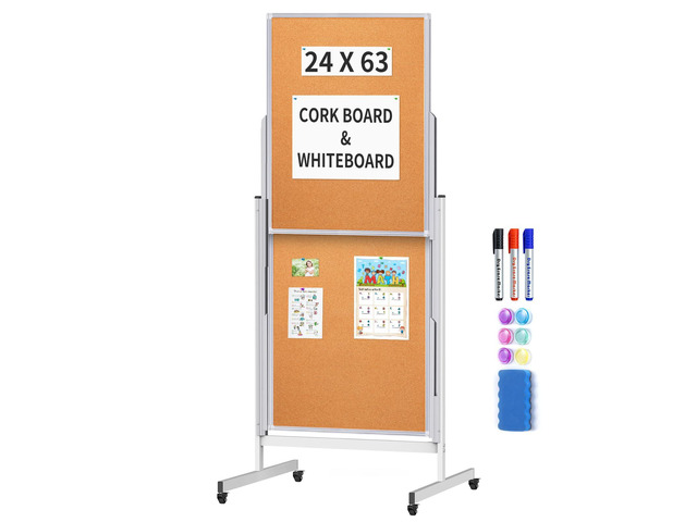 24x63 Mobile Corkboard and Whiteboard Double Sided Height Adjustable Large Magnetic Mobile Dry Erase Board with Stand, Portable 4 Writing...