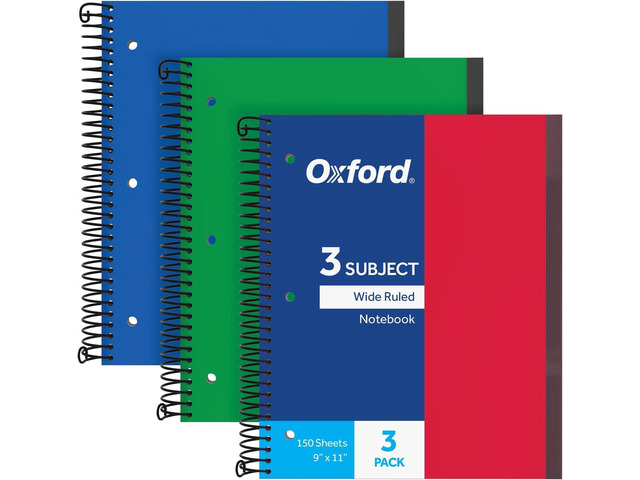 Spiral Notebook 24 Pack, 3 Subject, Wide Rule, Durable Plastic Covers, Strong Coil, 3 Durable Pockets, 8.5 x 11, 150 Sheets, Red, Green, Blue (89804)