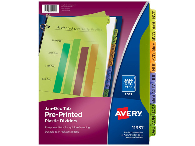 Pre-Printed Jan-Dec Plastic Dividers for 3 Ring Binders, 12-Tab Sets, Multicolor, 24 Sets, 288 Divider Tabs (11331)