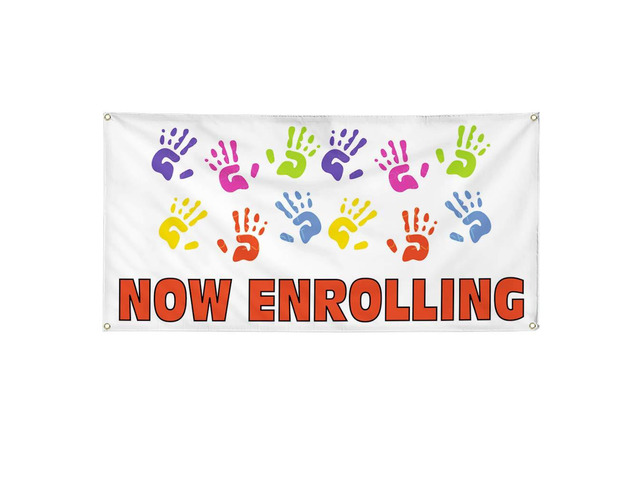 Vinyl Banner Multiple Sizes Now Enrolling Outdoor Advertising Printing B Education Outdoor Weatherproof Industrial Yard Signs 10 Grommets 60x144Inches