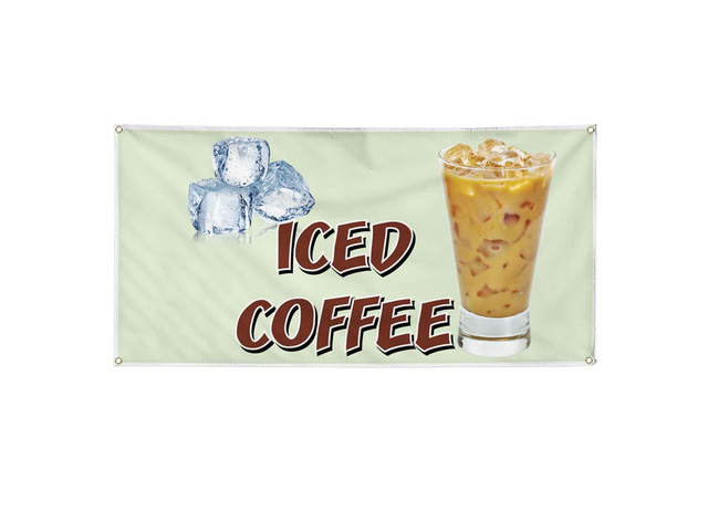 Vinyl Banner Multiple Sizes Iced Coffee Restaurant Cafe Bar D Restaurant & Food Outdoor Weatherproof Industrial Yard Signs White 10 Grommets...