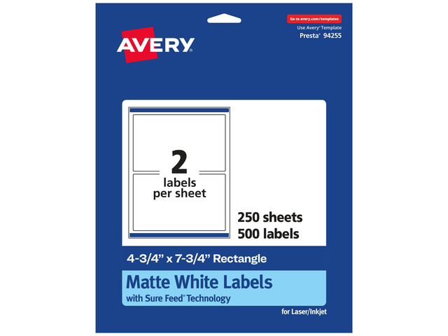 Matte White Rectangle Labels, Sure Feed Technology, 4.75' x 7.75', 500 Matte White Printable Labels