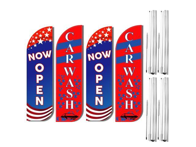 CAR WASH NOW OPEN King Feather Flag Sign Kit With Complete Hybrid Pole set- Pack of 4