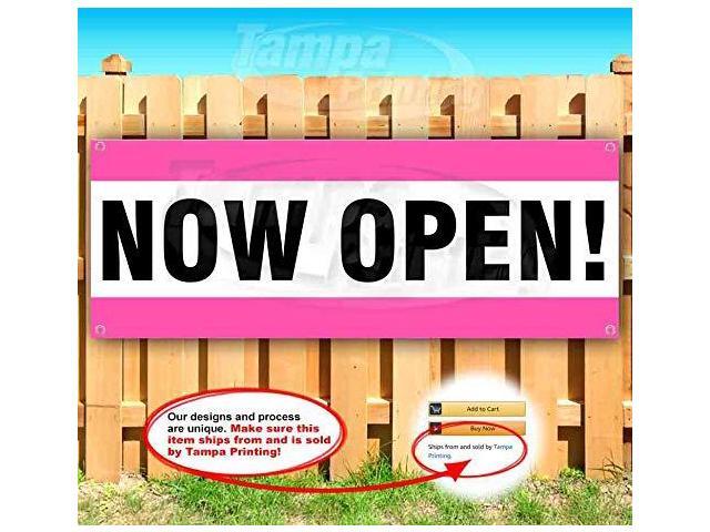 Now Open! Banner 13 oz Non-Fabric Heavy-Duty Vinyl Single-Sided with Metal Grommets