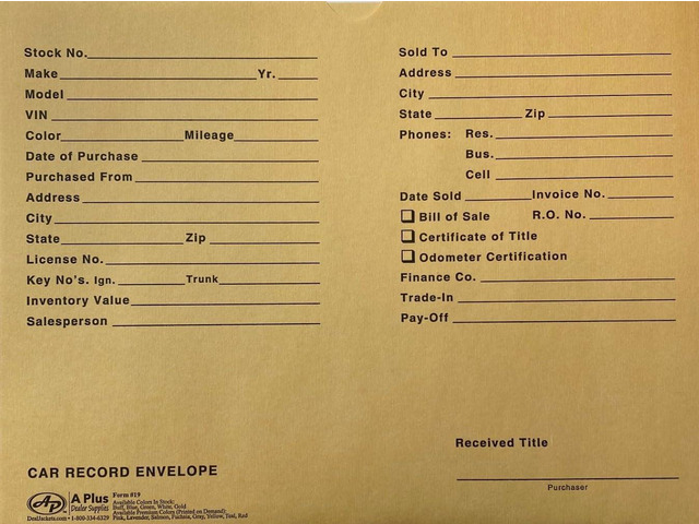 Automotive Vehicle Dealer File Jackets #19 Car Record Envelope - 500 Qty