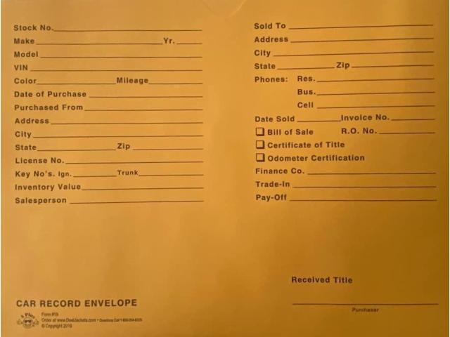 Automotive Vehicle Dealer File Jackets #19 Car Record Envelope - 500 Qty (W17)