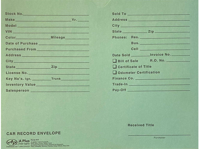 Automotive Vehicle Dealer File Jackets #19 Car Record Envelope - 500 Qty