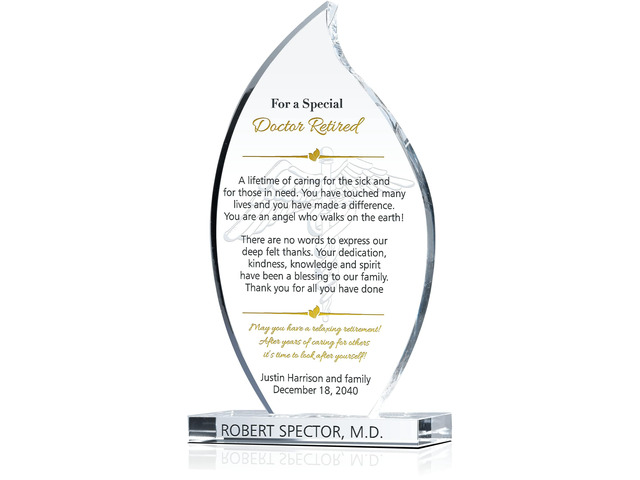 Personalized Flame Shaped Crystal Family Doctor Retirement Gift Plaque from Patients, Customized with Retiree's name, Unique Physician Retirement...